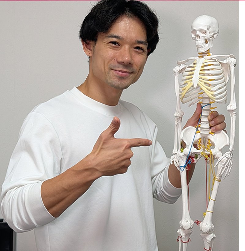 骨格模型を指さして笑うトレーナー 下起亮次